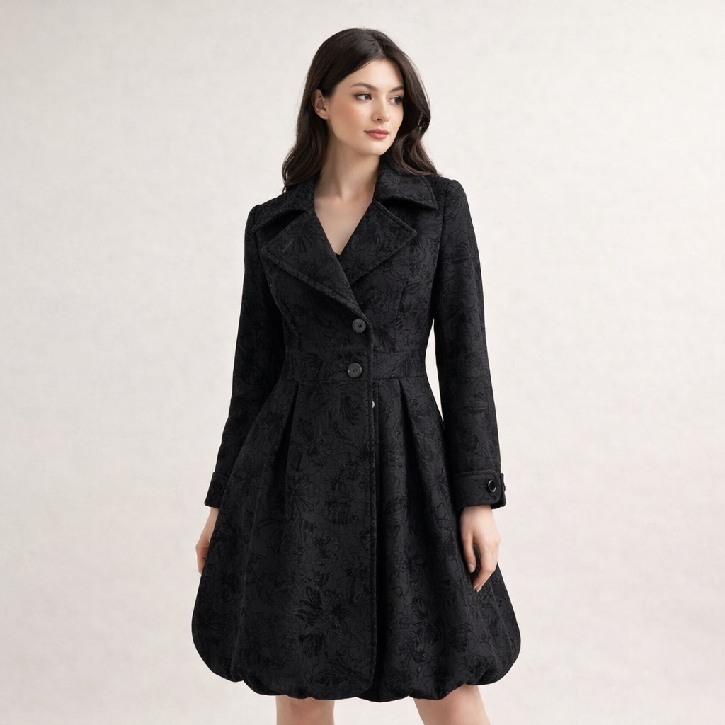 Vintage Black Floral Jacquard Swing Coat Small